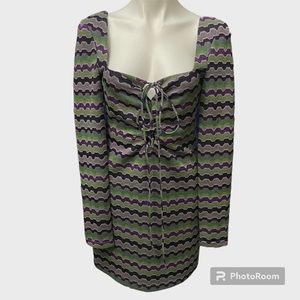 NWT Zara Green Black Purple Metallic Chevron Print Long Sleeve Dress - Medium